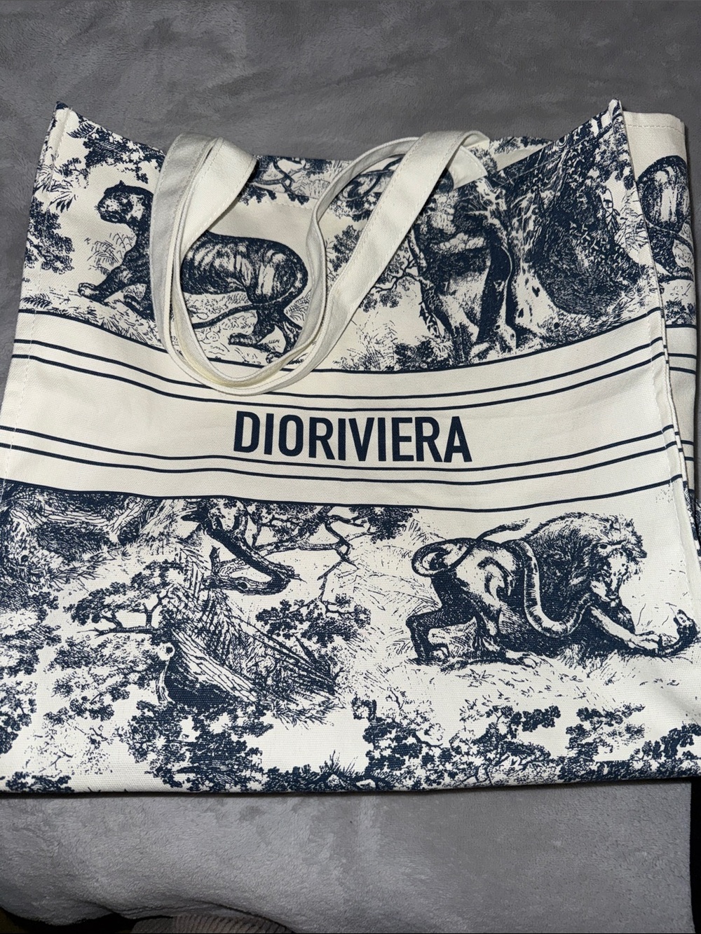 Dior Canvas Tote Bag in White and Navy Toile - Picture 2 of 3